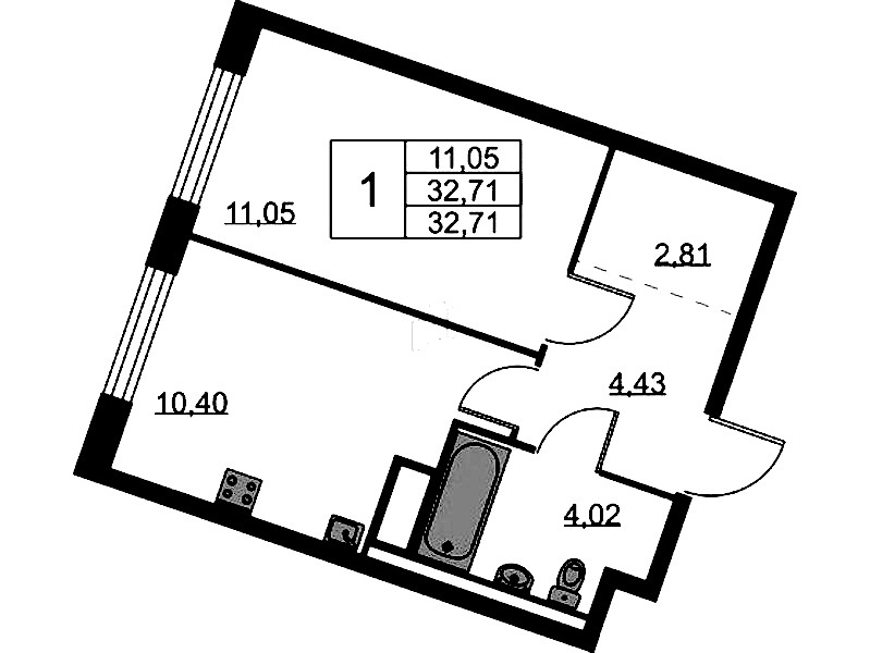 1-комнатная квартира 32.71 м², 6/11 эт., ЖК «Квартал Лаголово»